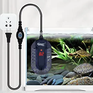Hygger aquarium heater with digital display showing 82°F, connected to power outlet, heating a fish tank with turtles and pla