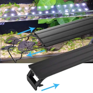 Hygger aquarium LED light bar with adjustable mounting brackets for aquariums, showing installation and close-up details.