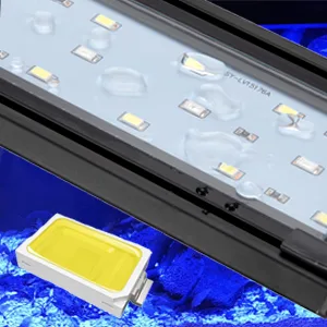 Hygger aquarium LED strip with water droplets and yellow LED module on blue background