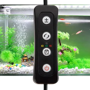 Hygger aquarium controller with buttons for temperature, filter, and power control, displayed against a vibrant planted tank