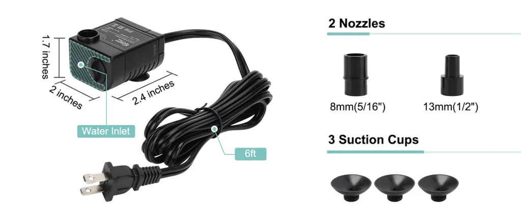 Hygger aquarium water pump with 6ft cord, 2 nozzles (8mm/13mm), and 3 suction cups for fish tank setup