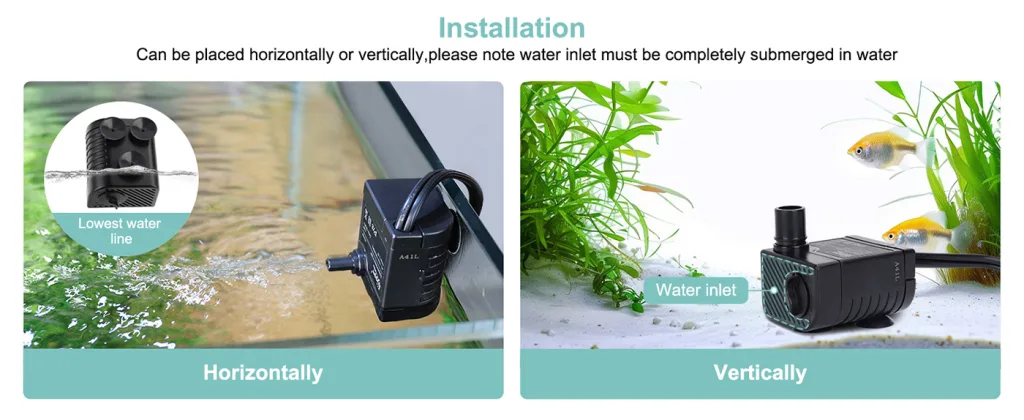 Hygger aquarium pump installation guide showing horizontal and vertical placement with water inlet submerged in water