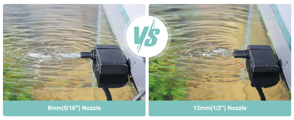 Hygger aquarium nozzle comparison: 8mm vs 13mm water flow for fish tanks