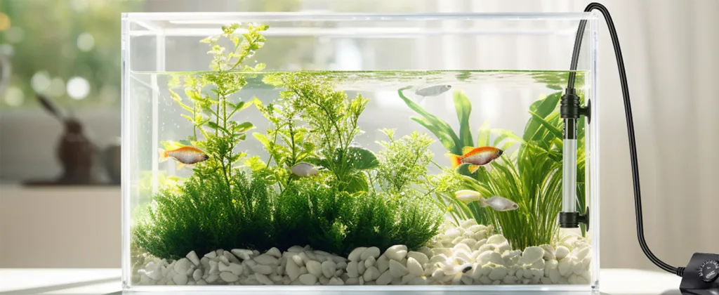 A clear glass aquarium with lush green plants, white gravel, and colorful fish swimming in a well-lit setup.
