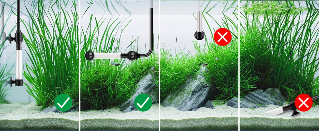 Hygger aquarium setup guide: correct filter placement with green checkmarks and incorrect setups with red crosses for optimal