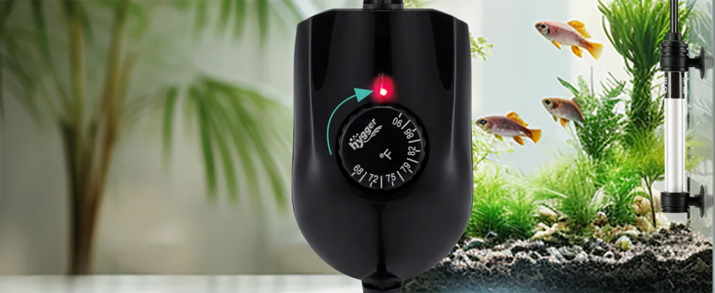 Hygger aquarium air pump with adjustable flow control knob and red power indicator, shown in front of a planted tank with fis