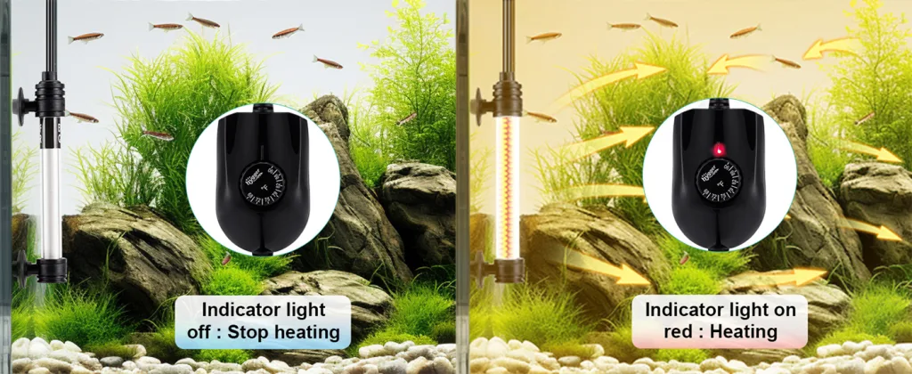 Hygger aquarium heater with indicator light showing off (stop heating) and on (heating) in a planted tank with fish and rocks