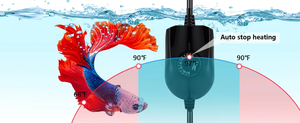 Hygger aquarium heater with auto stop heating feature, maintaining water temperature between 68°F and 97°F for betta fish