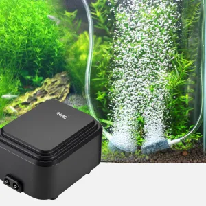 Hygger aquarium air pump with bubbles in a planted tank, showing water circulation and plant growth