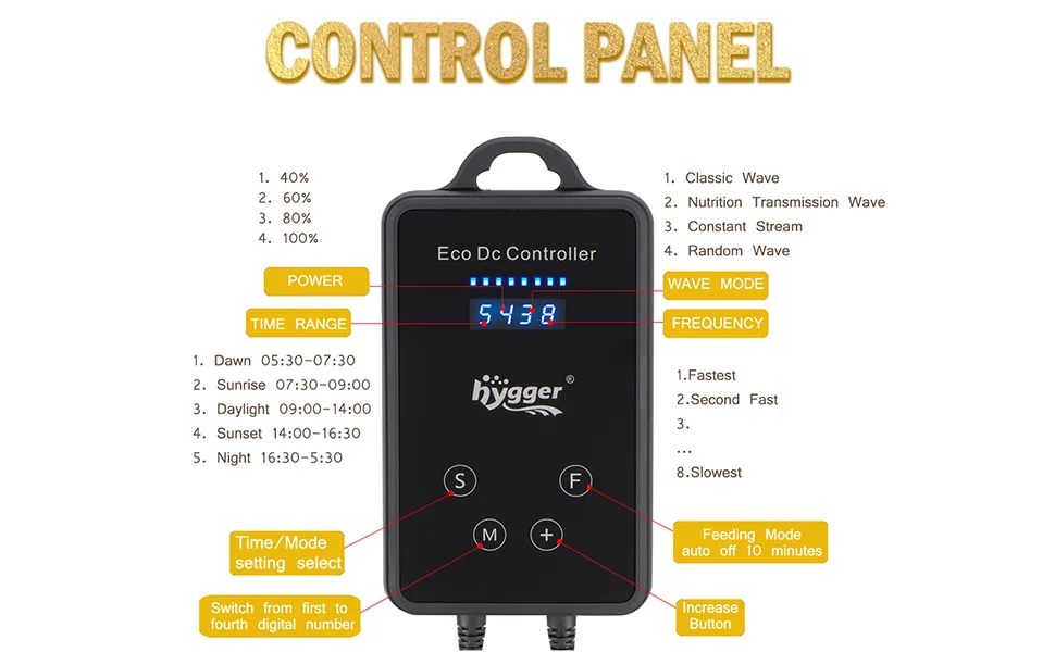 Eco DC Controller for aquariums with power, wave mode, frequency, time range settings and feeding mode auto-off feature.