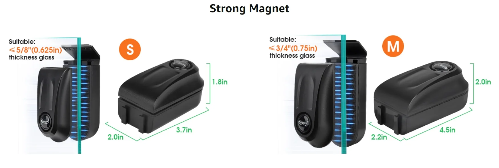 Strong magnet aquarium cleaner with S and M sizes for glass thickness up to 0.625in and 0.75in respectively, dimensions shown