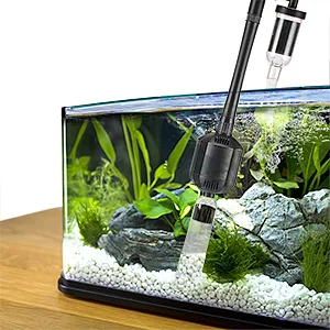 Hygger aquarium with plants, rocks, gravel, and a water pump filter system for clean water.