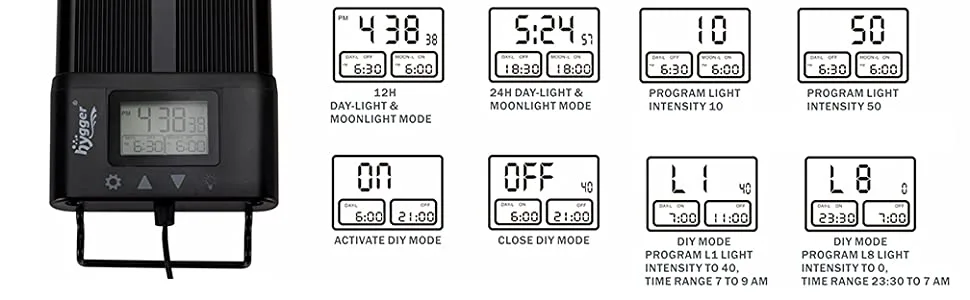 Hygger aquarium light controller with digital display showing various modes including day-light, moonlight, program light int
