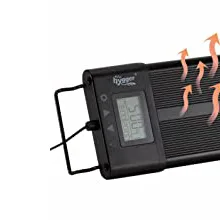 Hygger aquarium heater with digital display and temperature control for fish tank, showing heat waves for warmth.