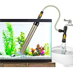 Hygger aquarium with water pump and filter system, featuring lush plants and colorful fish in a modern setup.