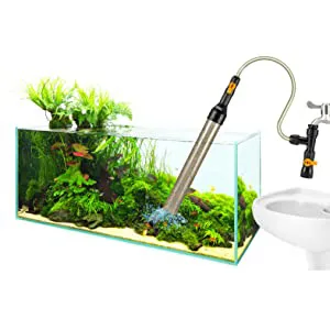 Hygger aquarium with lush plants, fish, and integrated water filtration system next to a sink