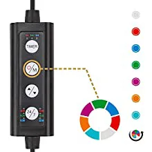 Hygger aquarium LED controller with color wheel for customizable lighting, showing red to cyan spectrum and control buttons.