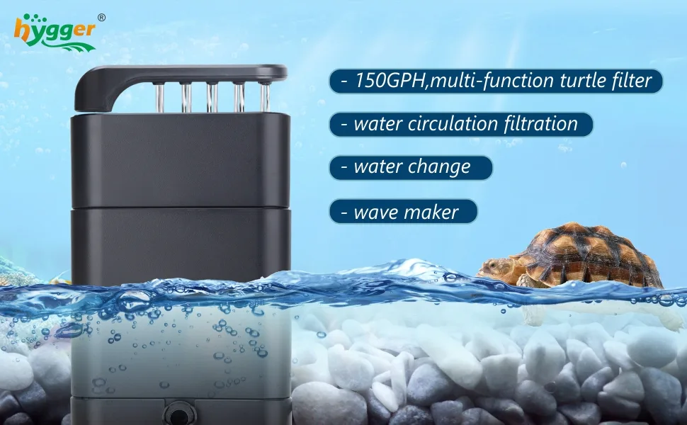 Hygger 150GPH multi-function turtle filter with water circulation, filtration, and wave maker for aquariums