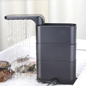 Modern black hygger aquarium water pump with flowing water, placed in a clean tank with rocks and gravel.