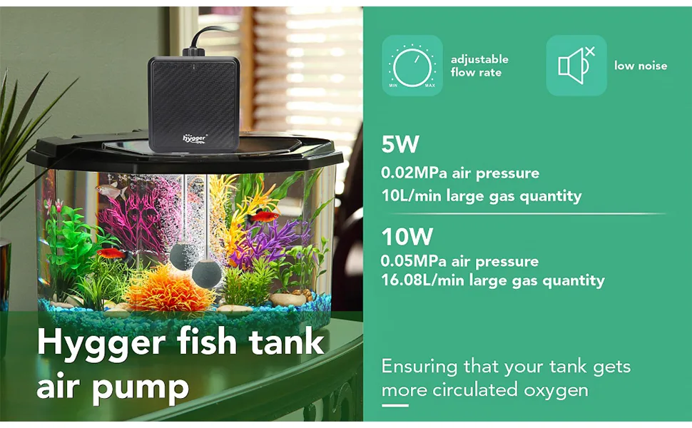 Hygger fish tank air pump with adjustable flow rate and low noise, providing 5W and 10W options for oxygen circulation in aqu