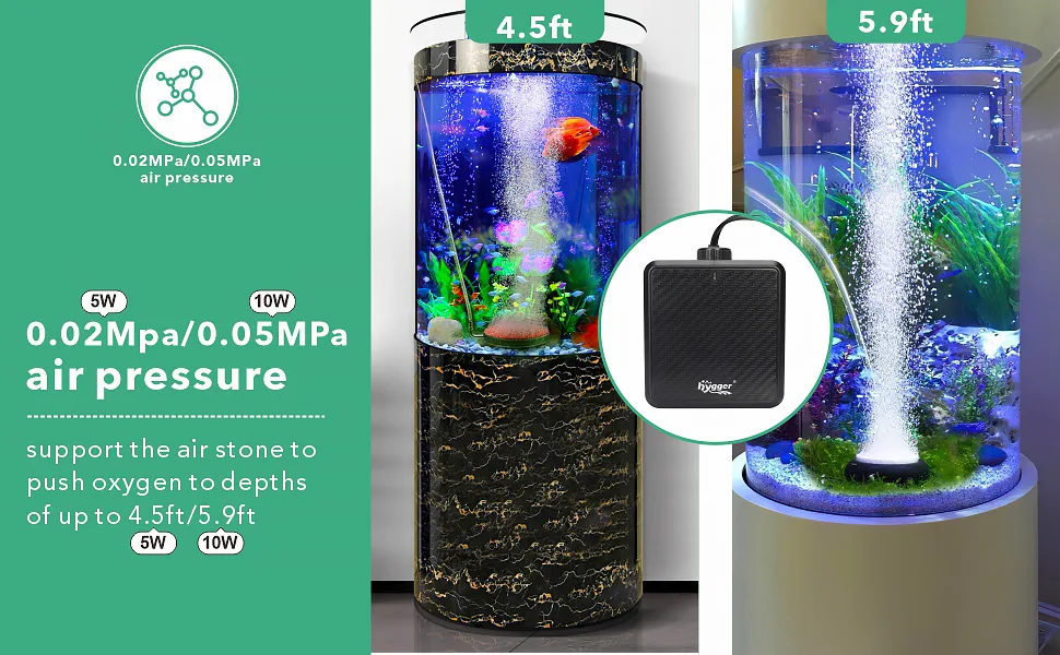 Hygger aquarium air pump with 5W/10W power, 0.02MPa/0.05MPa air pressure, supporting up to 4.5ft/5.9ft tank depths for oxygen