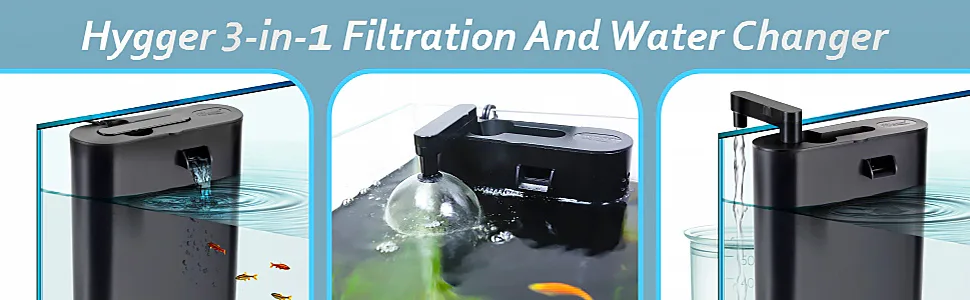Hygger 3-in-1 aquarium filtration system with water changer and air pump for fish tank maintenance