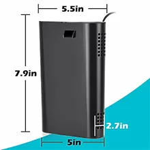 Hygger aquarium power supply unit with dimensions 5.5in x 7.9in x 5in, featuring ports and ventilation holes for aquarium equ