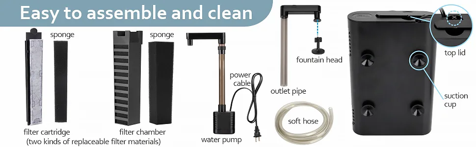 Hygger aquarium filter components: sponge, filter cartridge, water pump, fountain head, and suction cup for easy assembly and