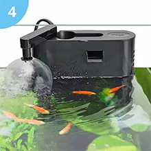 Hygger aquarium air pump with bubbles and fish in a clear tank, featuring green plants and orange koi fish.