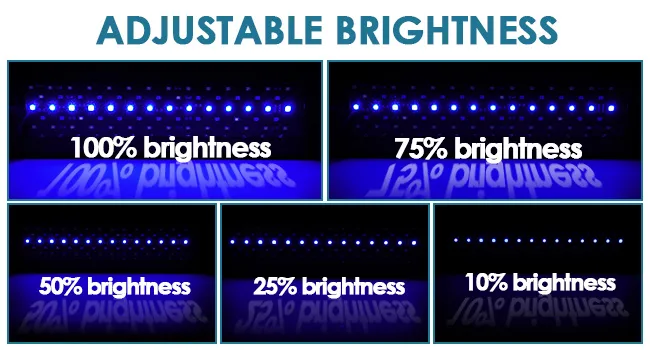 Hygger aquarium adjustable brightness settings showing 100%, 75%, 50%, 25%, and 10% brightness levels with corresponding LED
