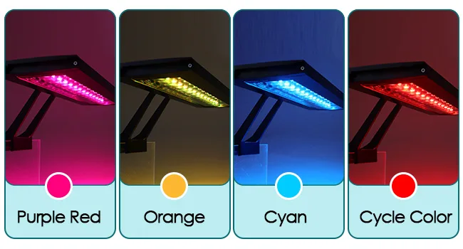 Hygger aquarium LED light with four color options: Purple Red, Orange, Cyan, and Cycle Color for vibrant aquatic environments