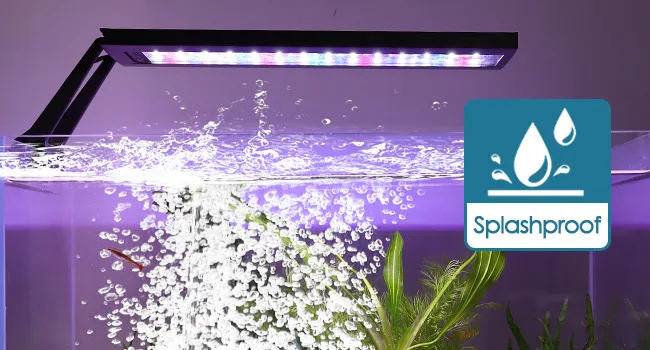 Hygger aquarium with LED lighting, water splashing, and splashproof feature for aquatic plants