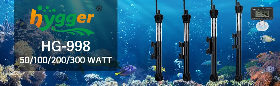 Hygger HG-998 aquarium heater with 50/100/200/300W options, digital temperature control, and underwater coral reef background