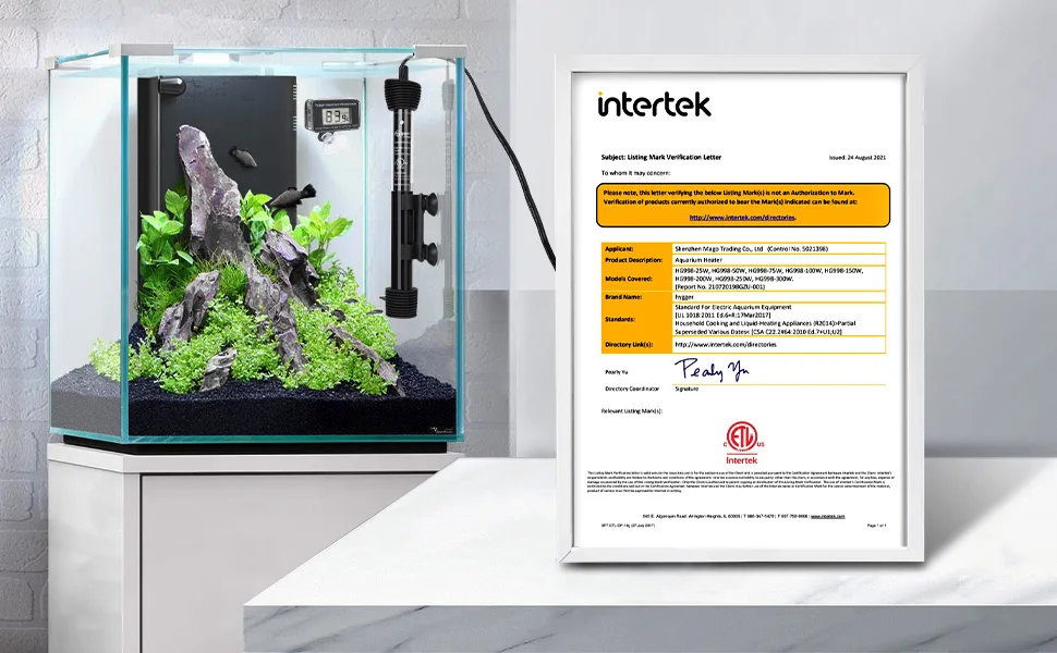 Hygger aquarium with lush plants, rocks, and a digital thermometer, alongside an Intertek certification document verifying pr