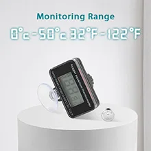Hygger aquarium thermometer showing monitoring range 0°C-50°C (32°F-122°F) on white pedestal