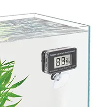 Hygger aquarium thermometer showing 83.5°F with suction cup attachment on glass tank