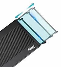 Hygger aquarium glass sliding door with blue arrows showing movement direction for easy access and water containment