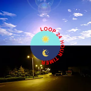 A circular graphic with 'LOOP 24 HOUR TIMER' text over a split sky image showing daytime and nighttime scenes.