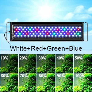 Hygger aquarium LED light with White+Red+Green+Blue spectrum for optimal plant growth at 10%-100% intensity levels