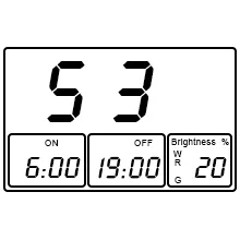 Digital aquarium timer display showing 53 minutes, ON time 6:00, OFF time 19:00, and 20% brightness setting.
