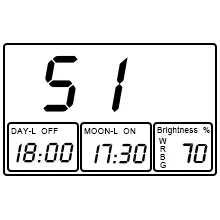 Digital aquarium controller display showing time 18:00, moon phase 17:30, brightness 70% with day/night settings