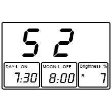 Digital aquarium timer display showing 52 hours, day light on, moon light off, 7:30 AM and 8:00 AM settings, brightness 7%
