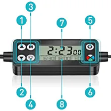 Digital aquarium timer with labeled buttons for setting time and functions
