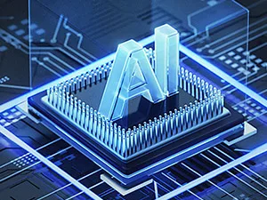 AI chip with 'AI' logo on circuit board, representing artificial intelligence technology