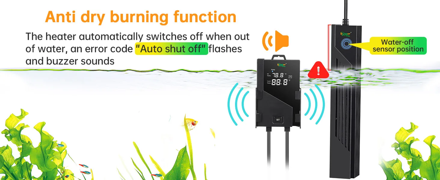 Hygger aquarium heater with anti-dry burning function, water-off sensor, and auto shut off error code display