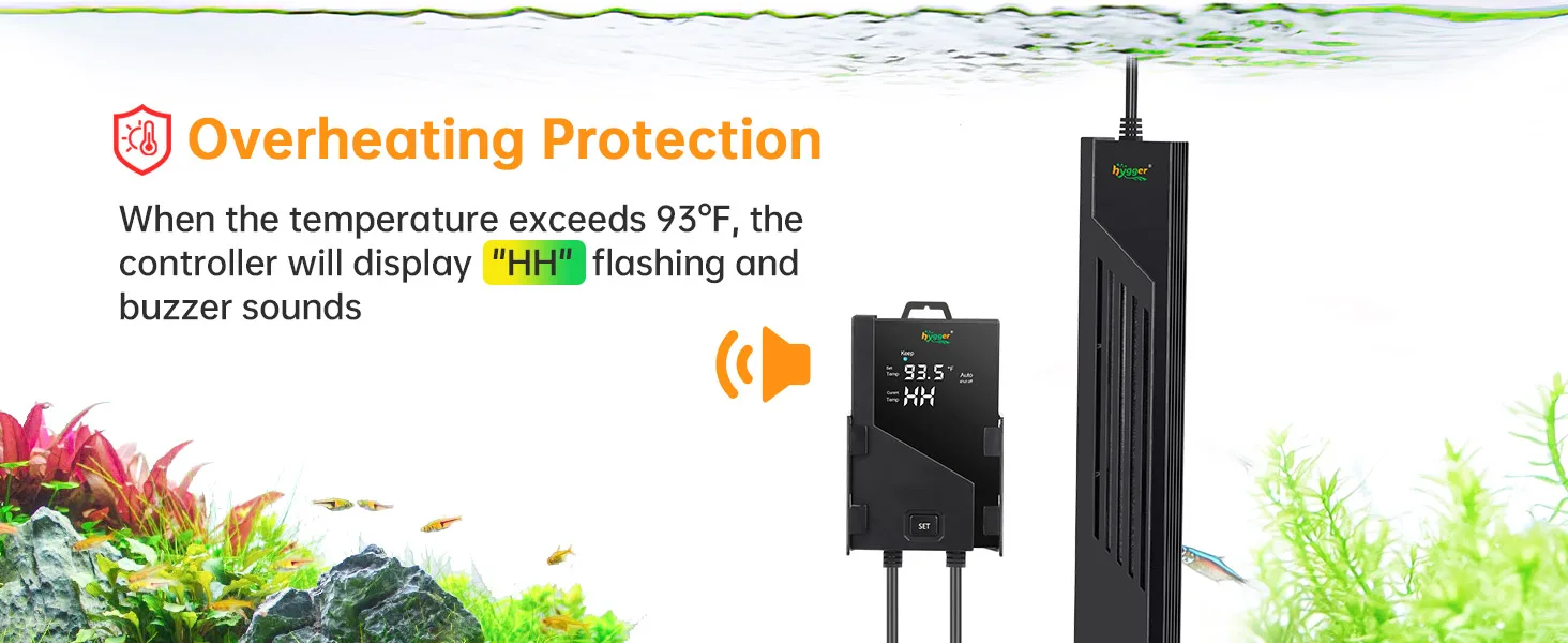 Hygger aquarium controller with overheating protection displaying 'HH' at 93.5°F, buzzer alert, and aquarium setup