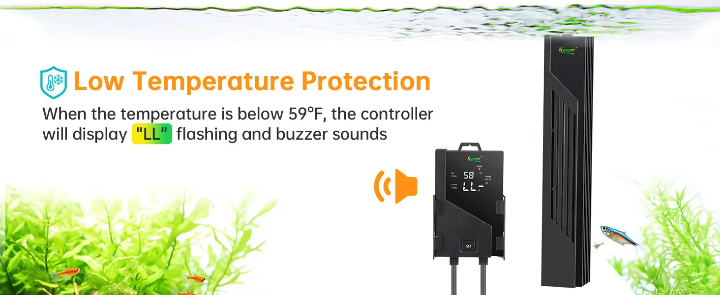 Hygger aquarium heater with low temperature protection alert below 59°F, displaying 'LL' and buzzer sound