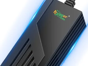 Hygger aquarium heater with blue LED lighting, black design, and brand logo visible