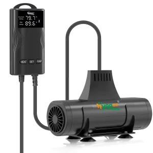 Hygger aquarium heater and pump combo with digital temperature control display showing current and set temperatures.