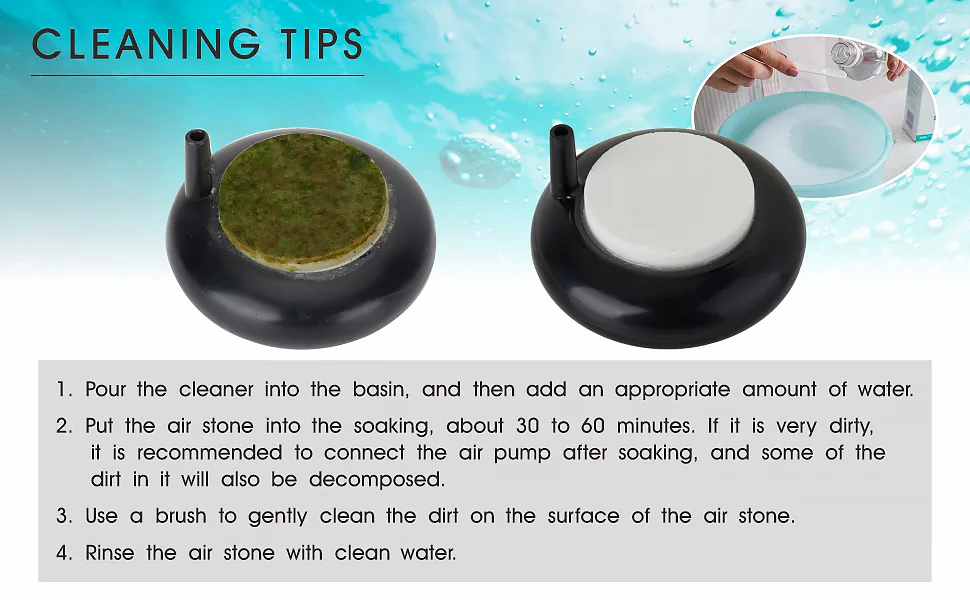 Hygger aquarium air stone cleaning guide with step-by-step instructions for maintenance